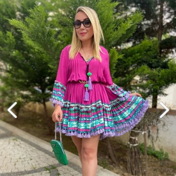 Modams Boutique Fuchsia Pompom Sun Dress  (US size L) - Picture 1 of 6